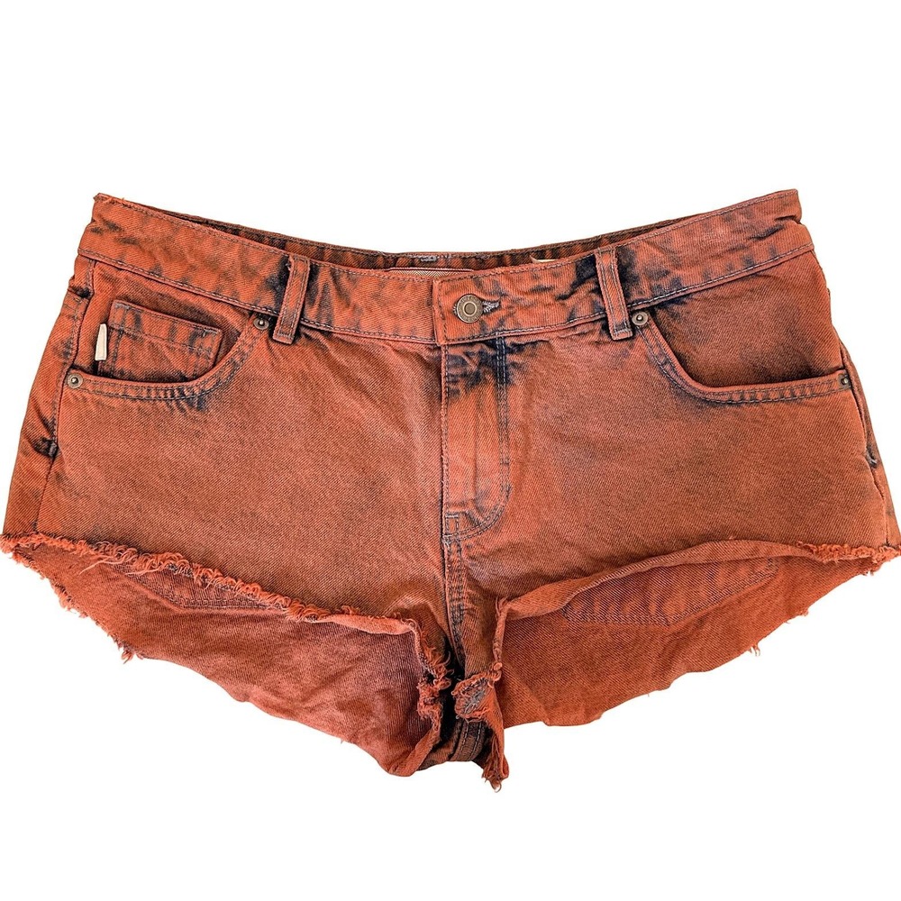 Superdry Spirit of Japan 67 Denim Jean Shorts Orange Distressed Raw Hem Size 32